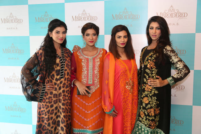 Aqsa Ali, Sama Shah, Alyzeh Waqar and Dania Xheikh wearing ensembles from the Mbroidered collection