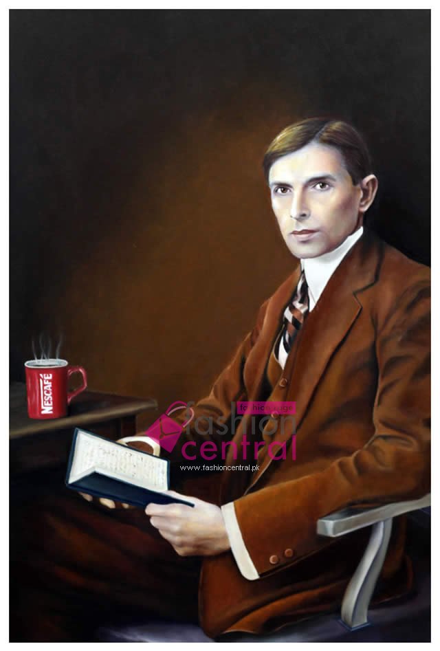 Portrait of Jinnah enjoying cup of Nescafe