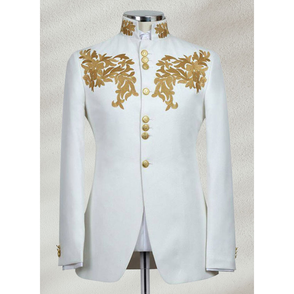 White Prince Coat With Opulent Golden Embroidery
